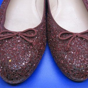 J. Crew Camille Round Toe Flats 0.5" Heel in Ruby Red Sequin + Bow Size 10 Italy